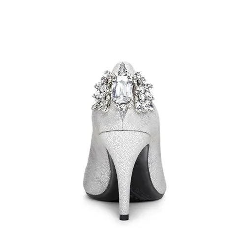Aerosoles Silver Embellished Rhinestone Heel Slip On Pointy Toe Classic Pumps