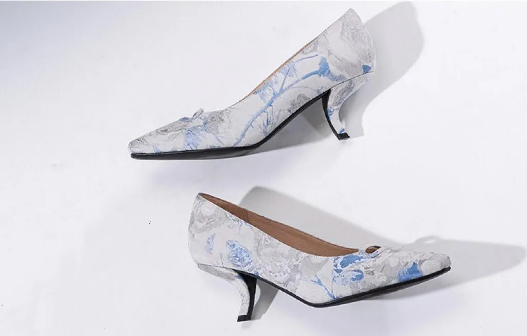 Blue Grey Regency Heels and Lolita Mules - Lolita Shoes with Bow