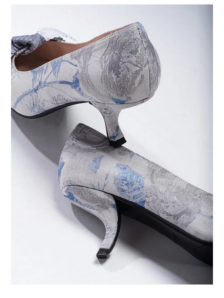 Blue Grey Regency Heels and Lolita Mules - Lolita Shoes with Bow