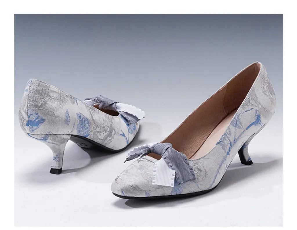 Blue Grey Regency Heels and Lolita Mules - Lolita Shoes with Bow