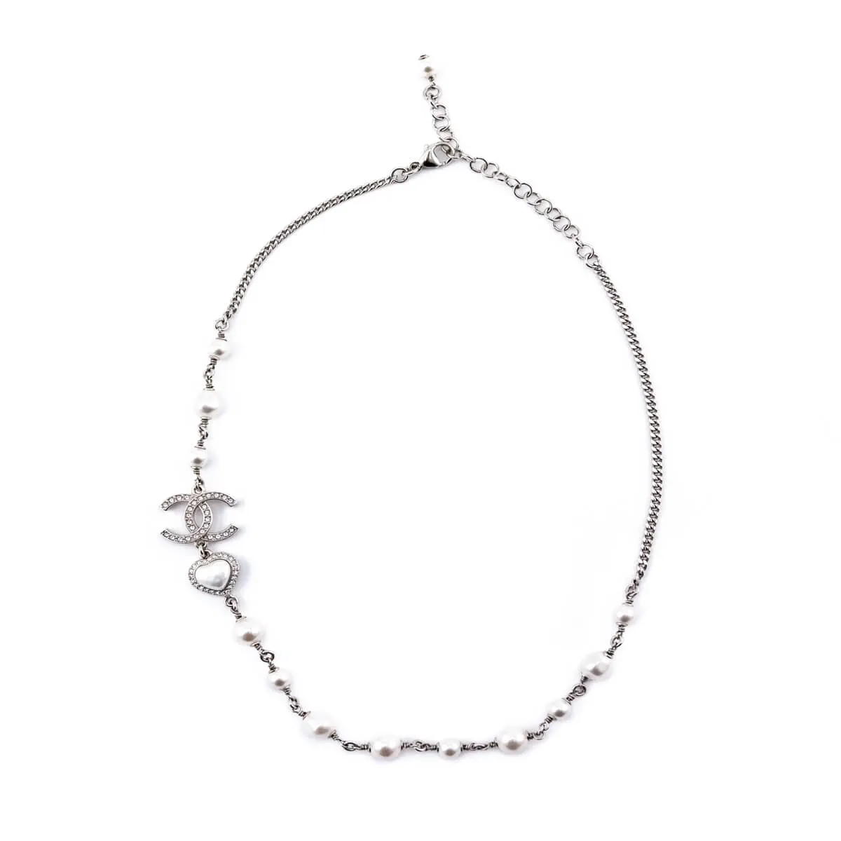 Chanel Silver Faux Pearl CC Necklace