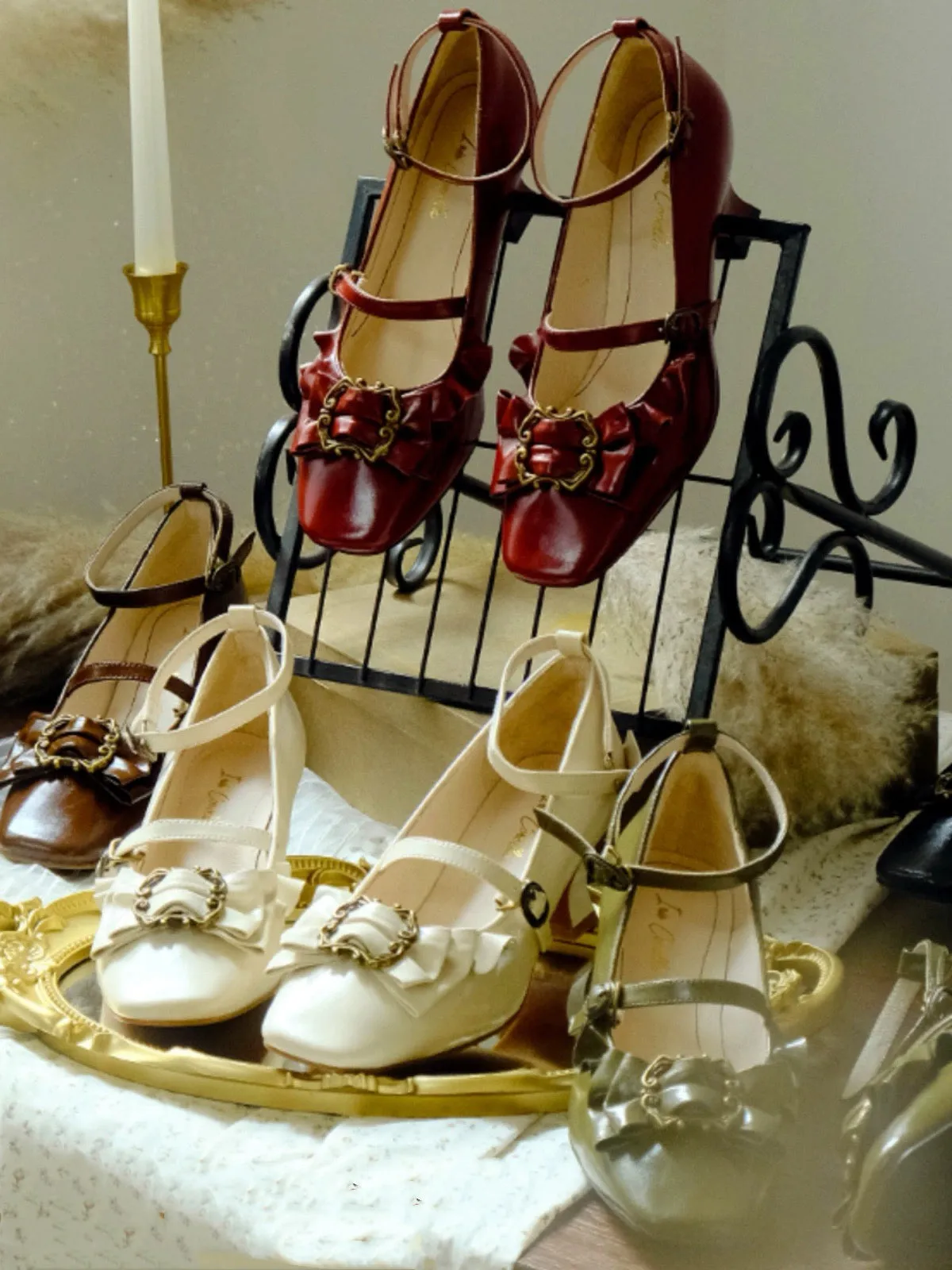 Cream Regency Heels and Lolita Mules with Bow - Lolita Shoes