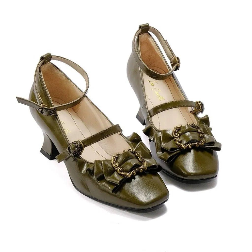 Green Regency Heels and Lolita Mules with Bow - Lolita Shoes