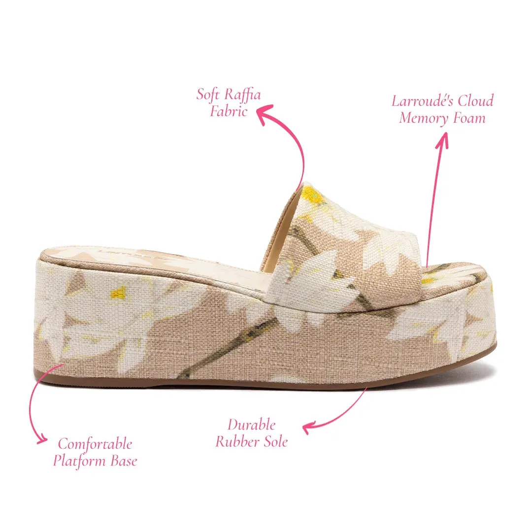 Larroude Alex Flatform Mule In Beige Printed Raffia