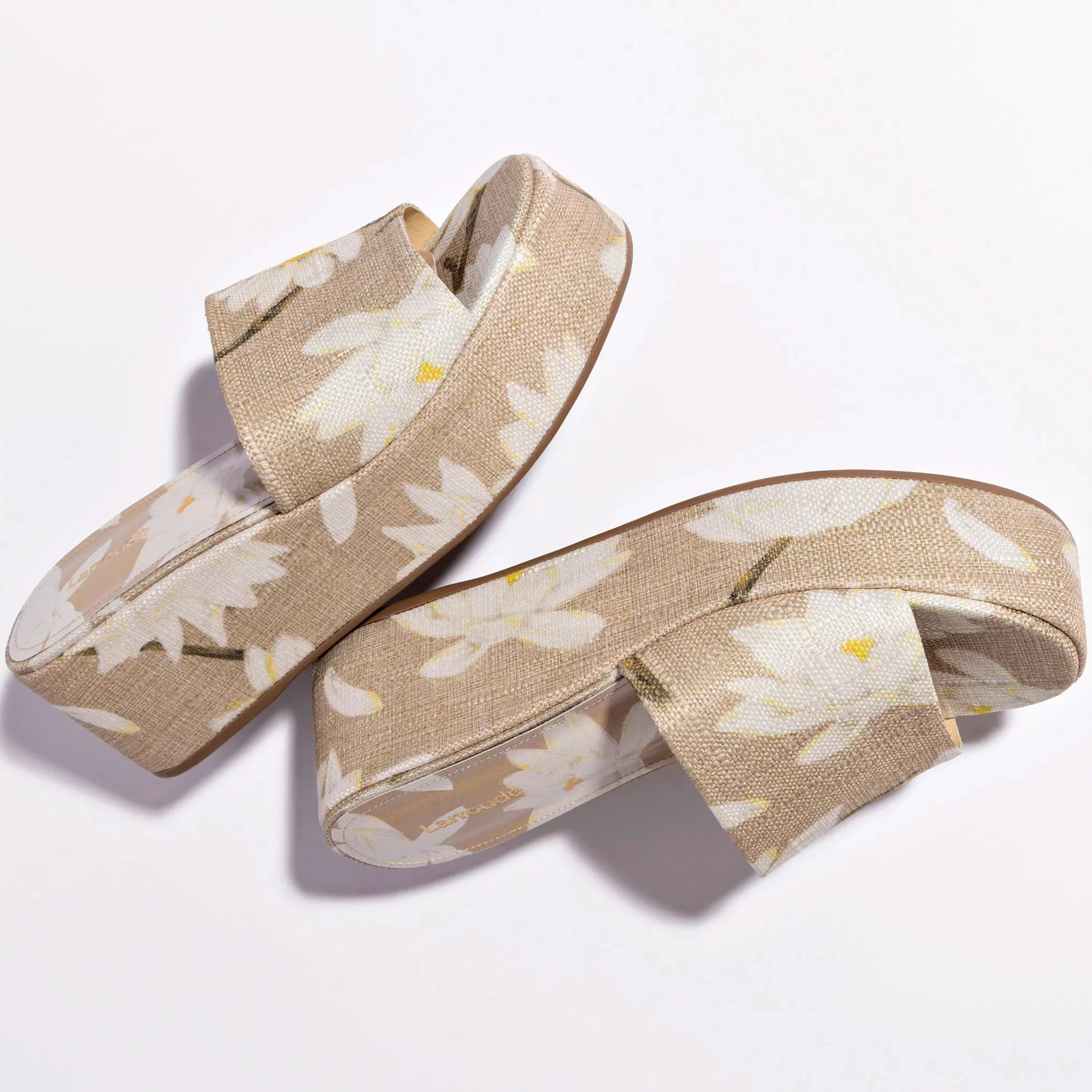 Larroude Alex Flatform Mule In Beige Printed Raffia