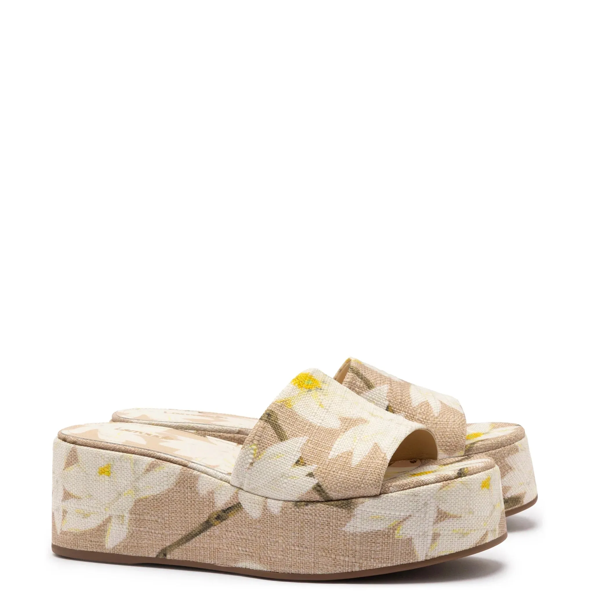 Larroude Alex Flatform Mule In Beige Printed Raffia