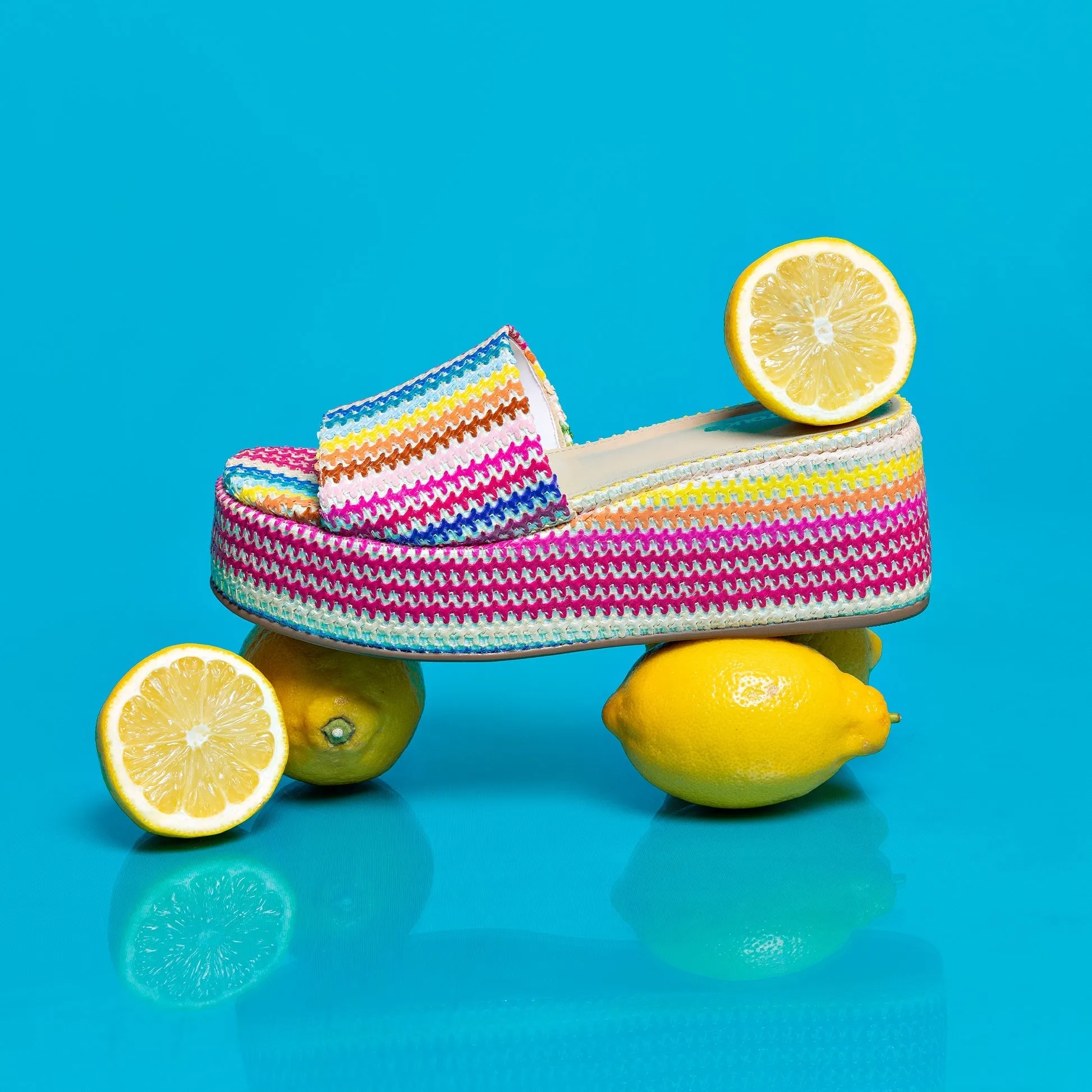 Larroude Alex Flatform Mule In Rainbow Raffia