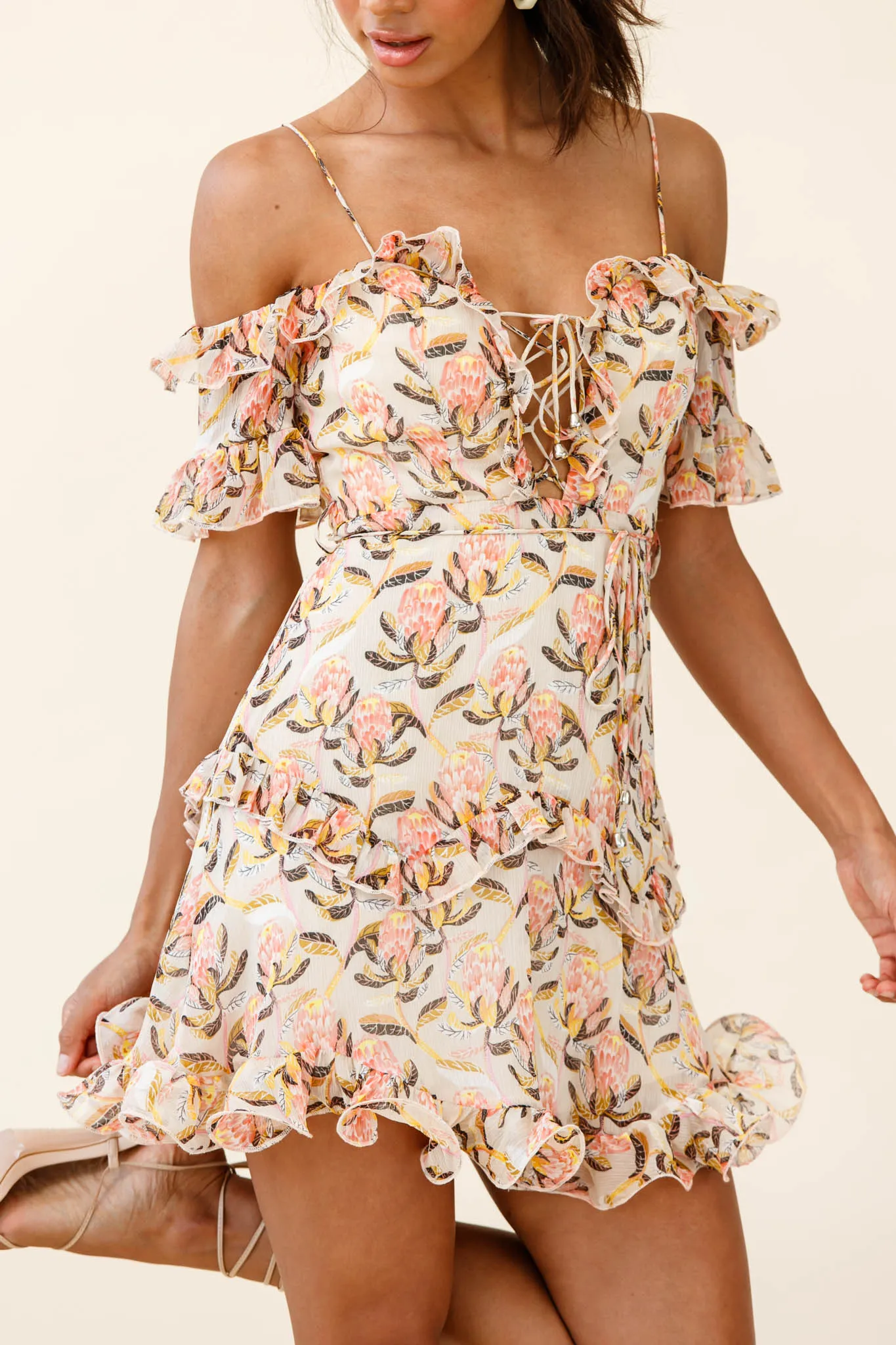 Maranda Bardot Lace-Up Bust Dress Banksia Print Dress Nude