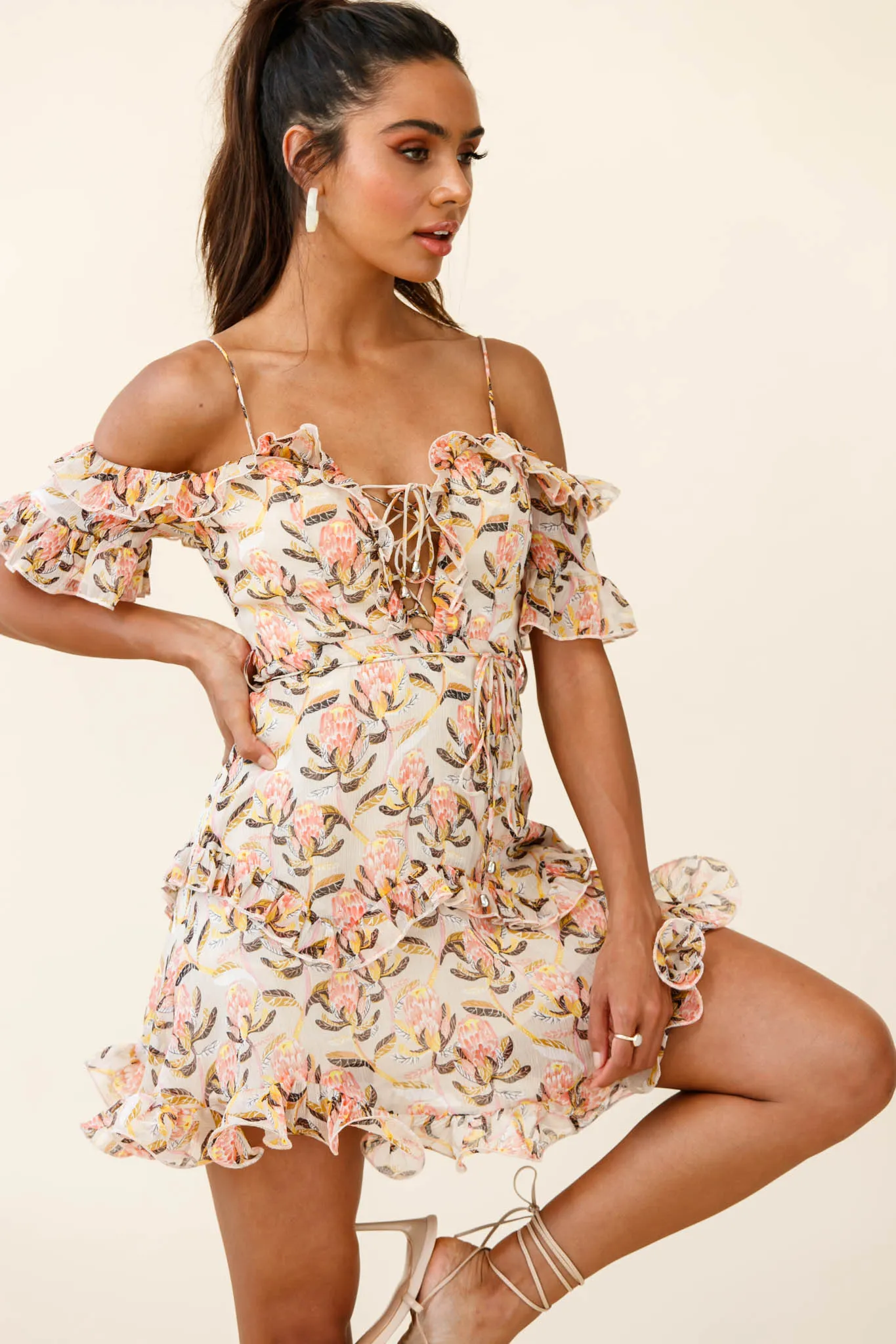 Maranda Bardot Lace-Up Bust Dress Banksia Print Dress Nude