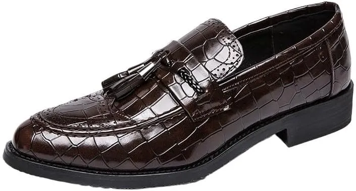 Men's Italian Designer Leather Loafers, Genuine Leather Pointed Toe Dress Shoes with Tassel, Business Wedding Banquet Formal Slip-On Shoes