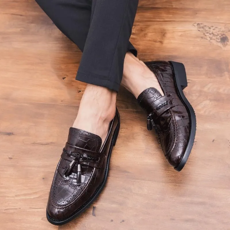 Men's Italian Designer Leather Loafers, Genuine Leather Pointed Toe Dress Shoes with Tassel, Business Wedding Banquet Formal Slip-On Shoes