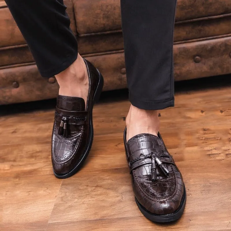 Men's Italian Designer Leather Loafers, Genuine Leather Pointed Toe Dress Shoes with Tassel, Business Wedding Banquet Formal Slip-On Shoes