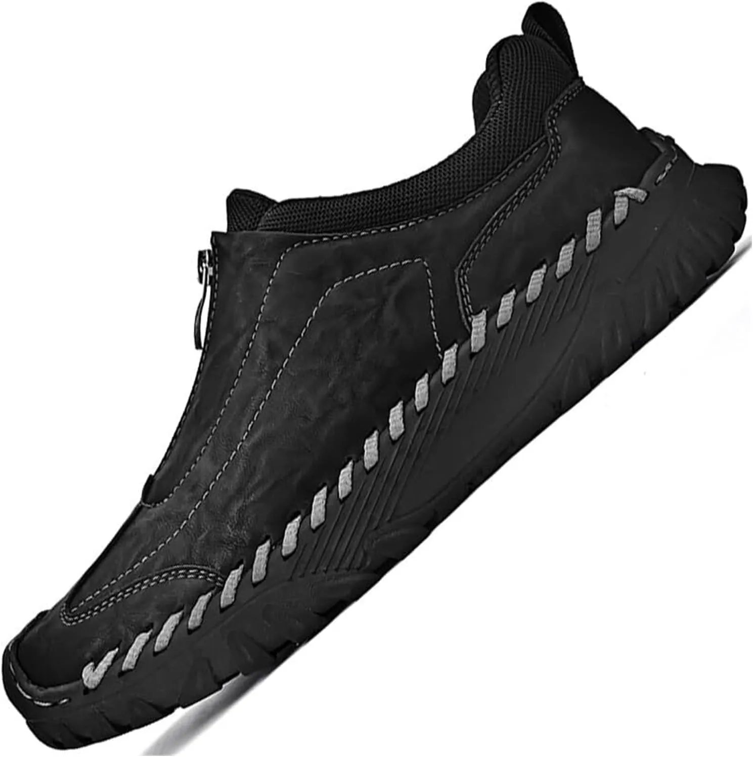 Men's Leather Loafers Italian Handmade Zipper Non-Slip Waterproof Casual Shoes Outdoor Sports Shoes Fashion Hiking Shoes