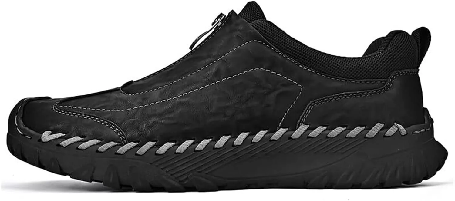 Men's Leather Loafers Italian Handmade Zipper Non-Slip Waterproof Casual Shoes Outdoor Sports Shoes Fashion Hiking Shoes