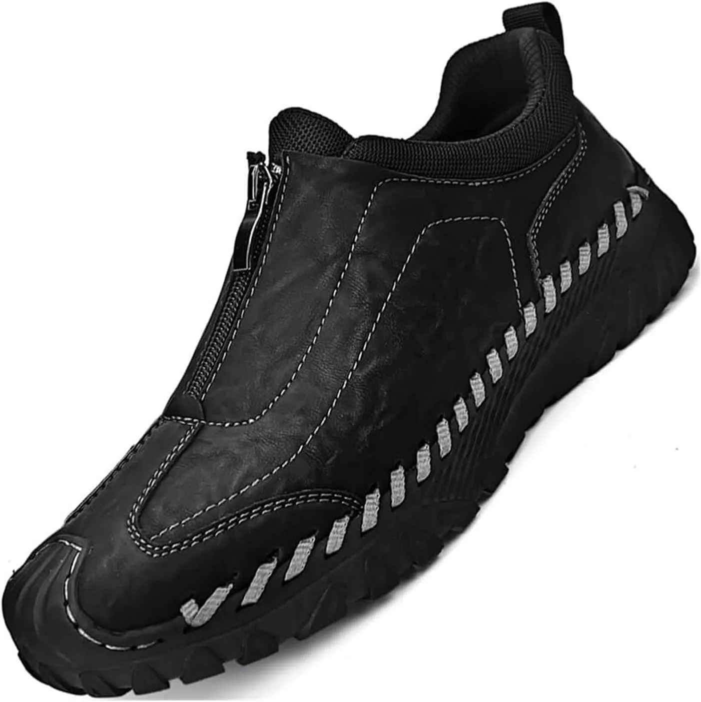 Men's Leather Loafers Italian Handmade Zipper Non-Slip Waterproof Casual Shoes Outdoor Sports Shoes Fashion Hiking Shoes