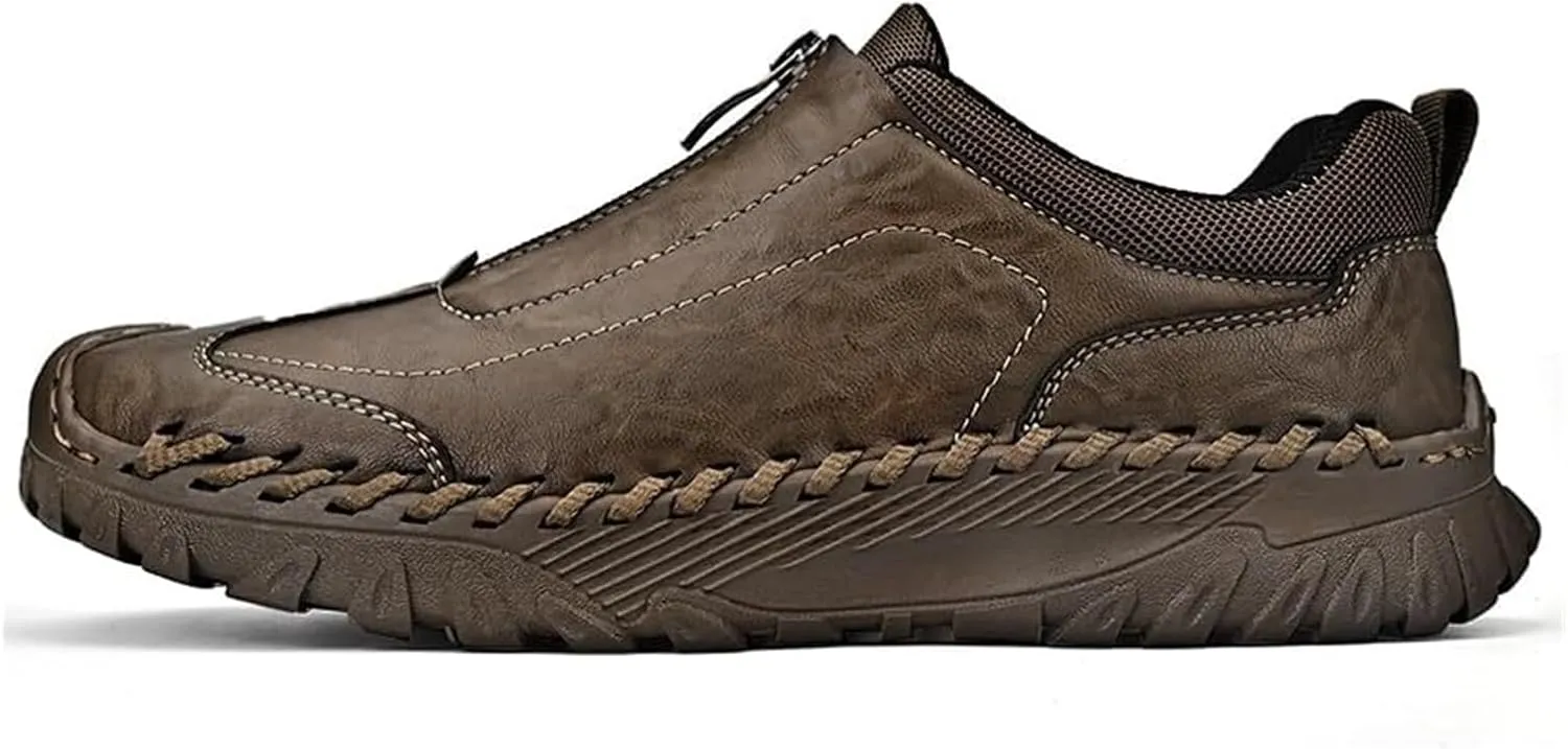 Men's Leather Loafers Italian Handmade Zipper Non-Slip Waterproof Casual Shoes Outdoor Sports Shoes Fashion Hiking Shoes
