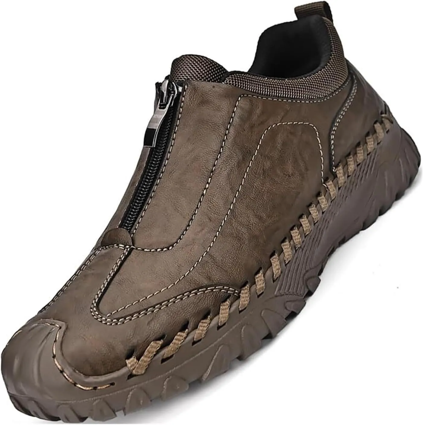 Men's Leather Loafers Italian Handmade Zipper Non-Slip Waterproof Casual Shoes Outdoor Sports Shoes Fashion Hiking Shoes