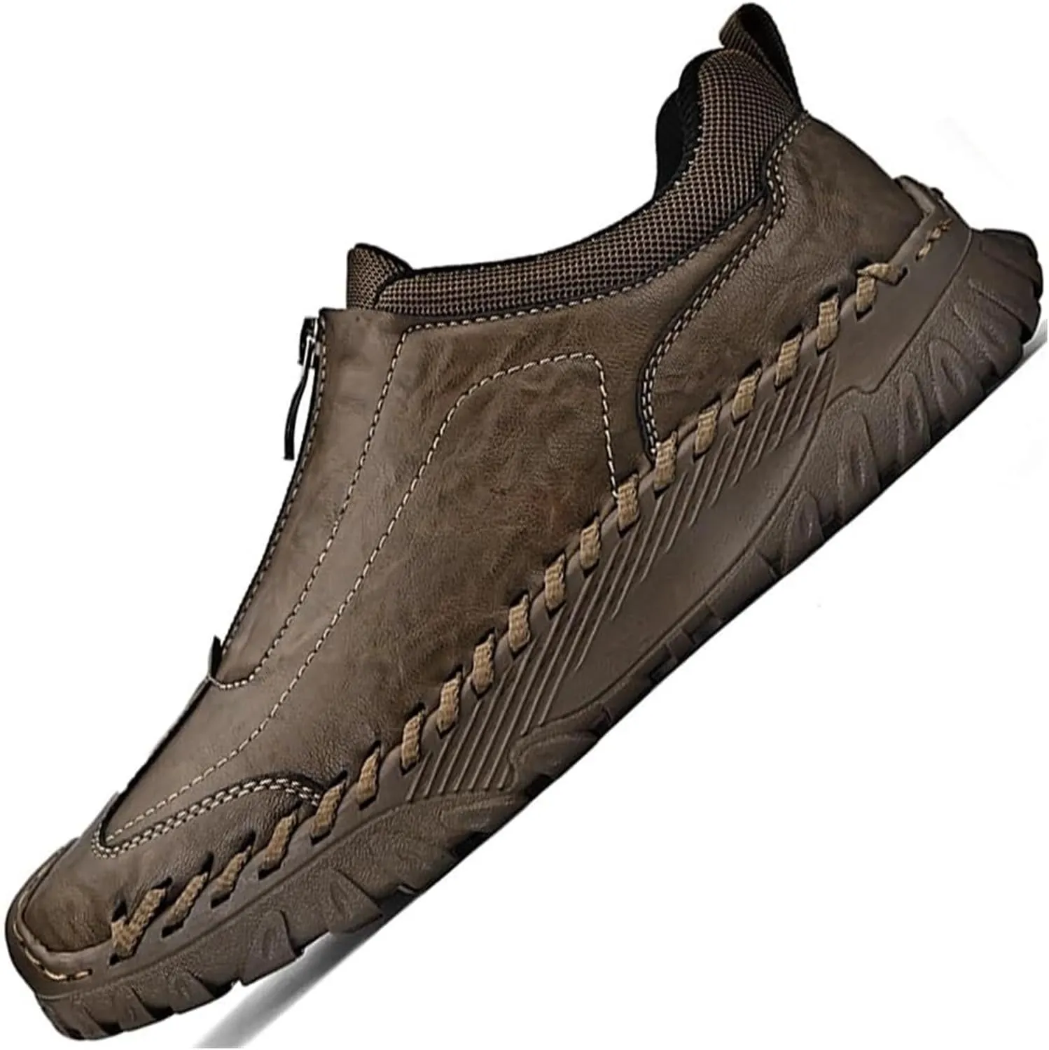 Men's Leather Loafers Italian Handmade Zipper Non-Slip Waterproof Casual Shoes Outdoor Sports Shoes Fashion Hiking Shoes