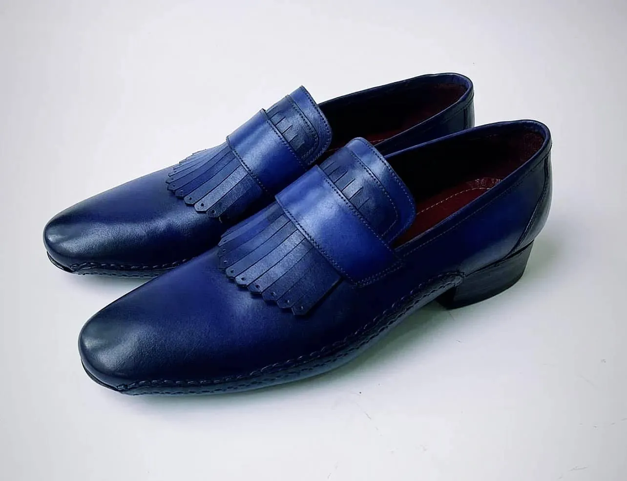 Mens Royal Blue Hand-welted Italian Calf Skin leather luxury Kiltie Loafers (10, Loafers, Blue)