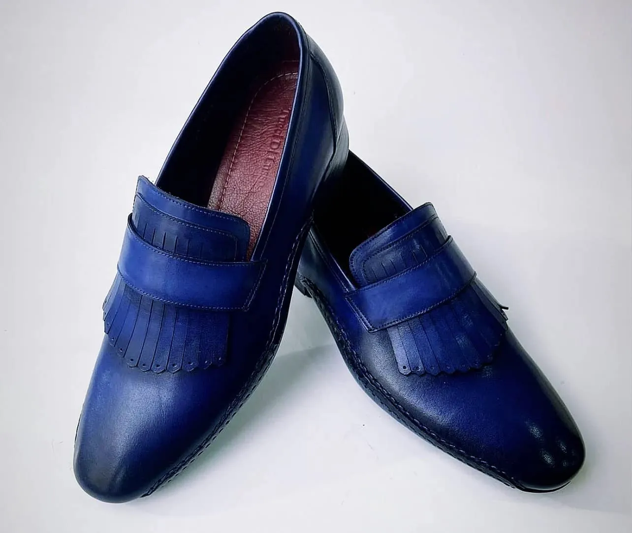 Mens Royal Blue Hand-welted Italian Calf Skin leather luxury Kiltie Loafers (10, Loafers, Blue)