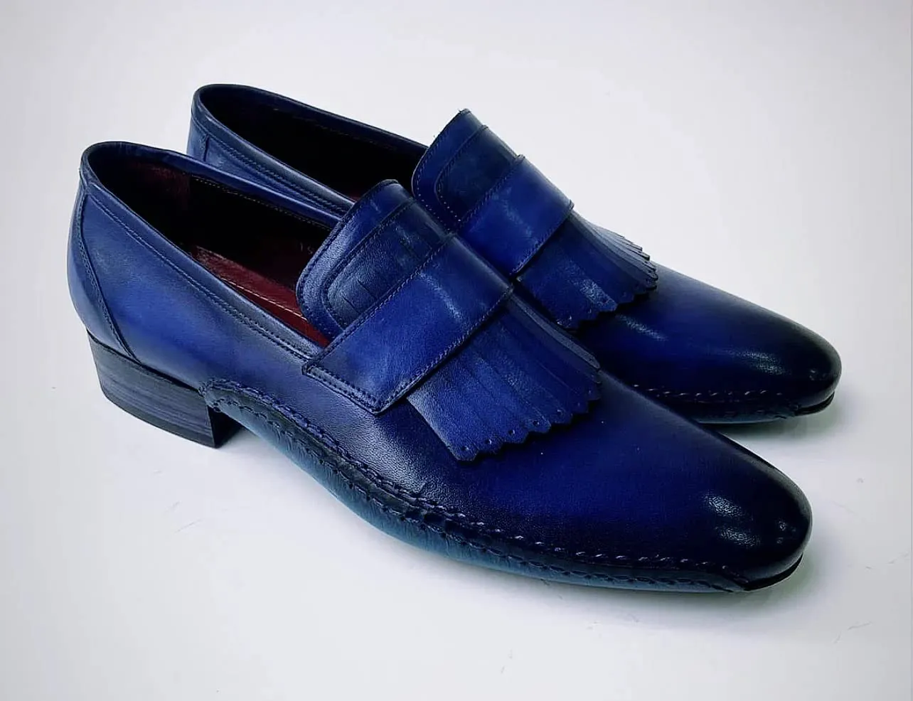 Mens Royal Blue Hand-welted Italian Calf Skin leather luxury Kiltie Loafers (10, Loafers, Blue)