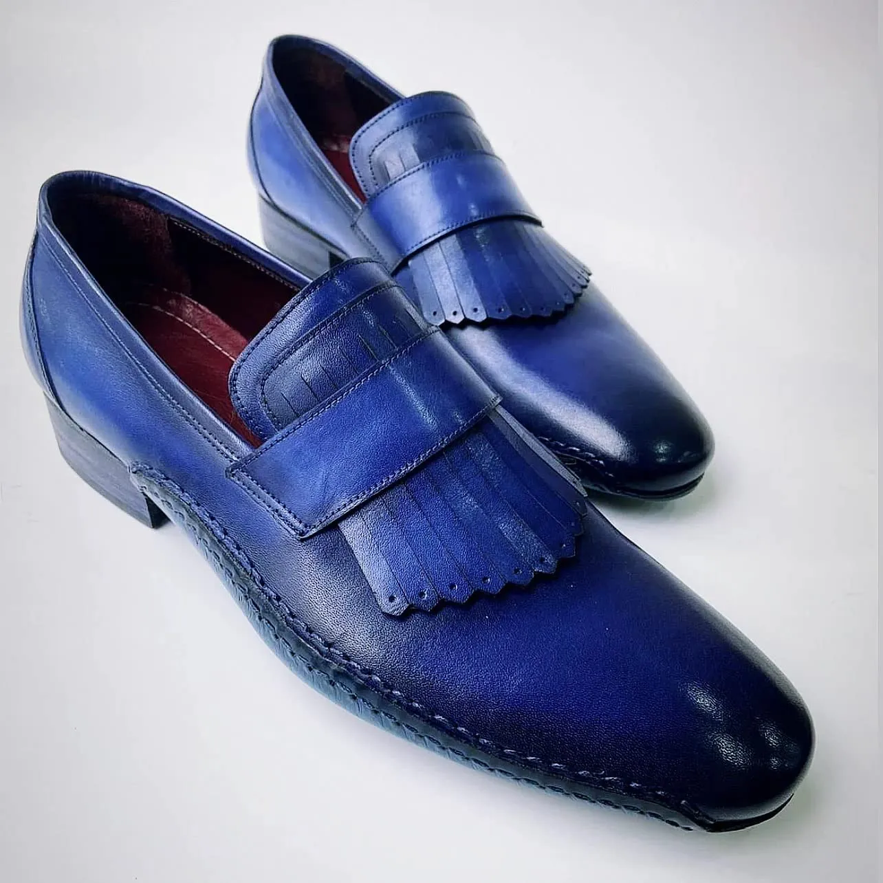 Mens Royal Blue Hand-welted Italian Calf Skin leather luxury Kiltie Loafers (10, Loafers, Blue)