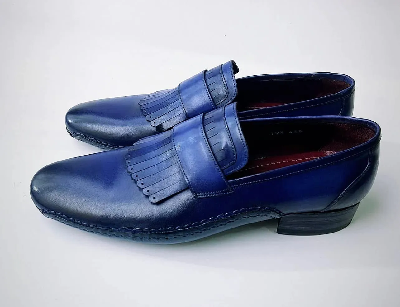 Mens Royal Blue Hand-welted Italian Calf Skin leather luxury Kiltie Loafers (10, Loafers, Blue)