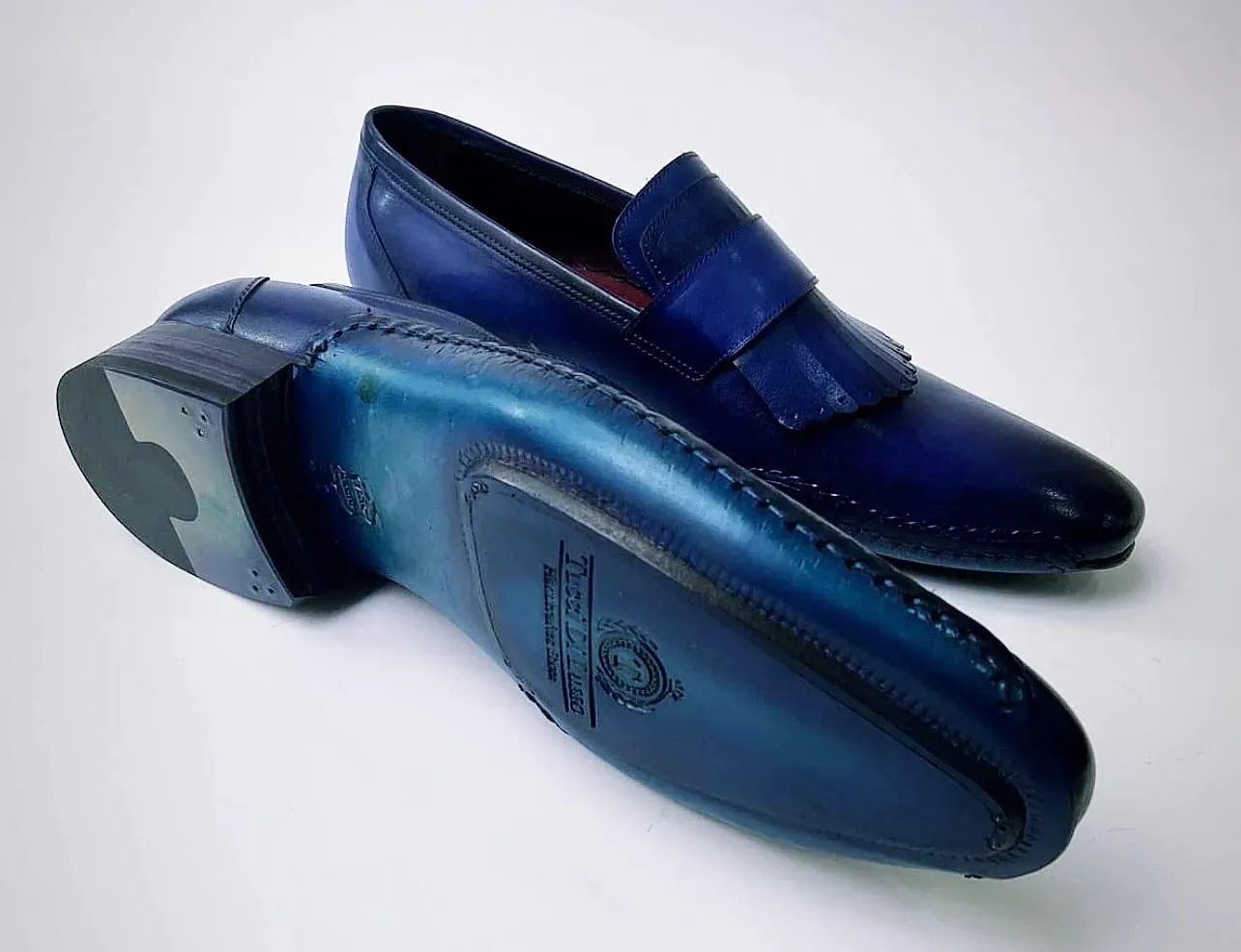 Mens Royal Blue Hand-welted Italian Calf Skin leather luxury Kiltie Loafers (10, Loafers, Blue)