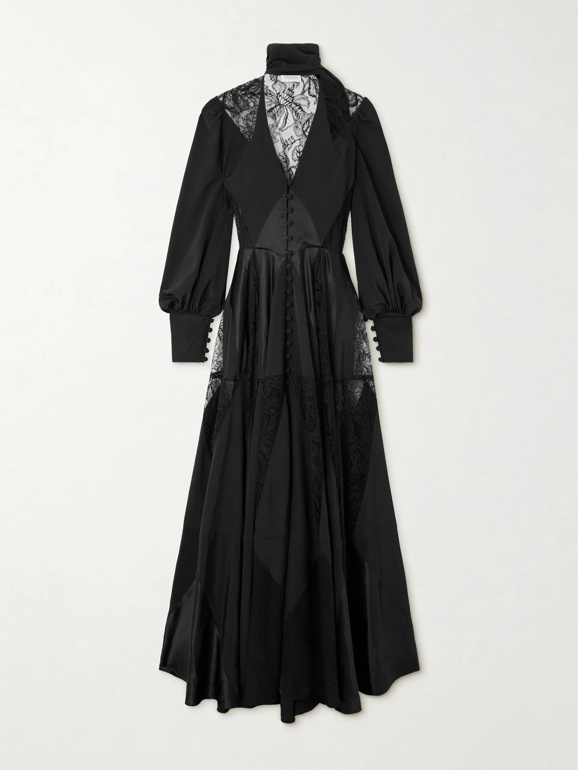 Valtese tie-neck Chantilly lace and satin-trimmed silk-crepe gown