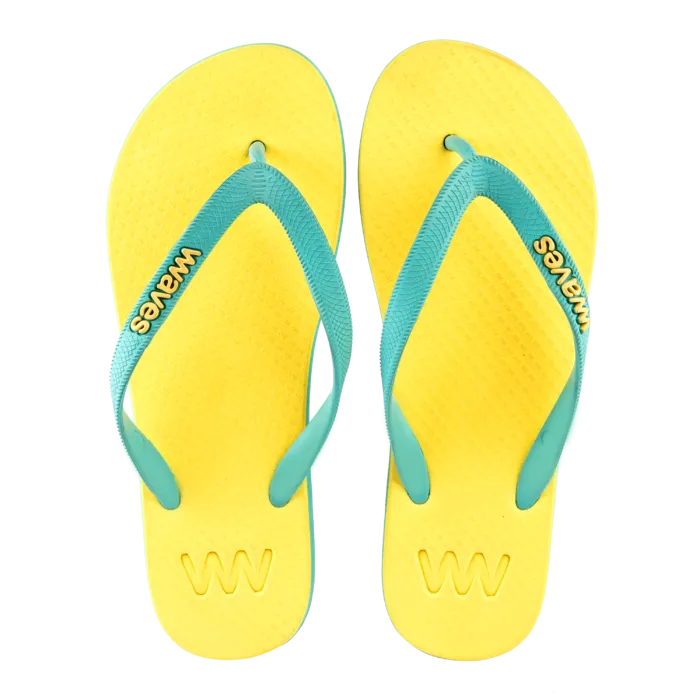 Waves Womens 100% Natural Rubber Flip Flop   Light Blue  / Yellow