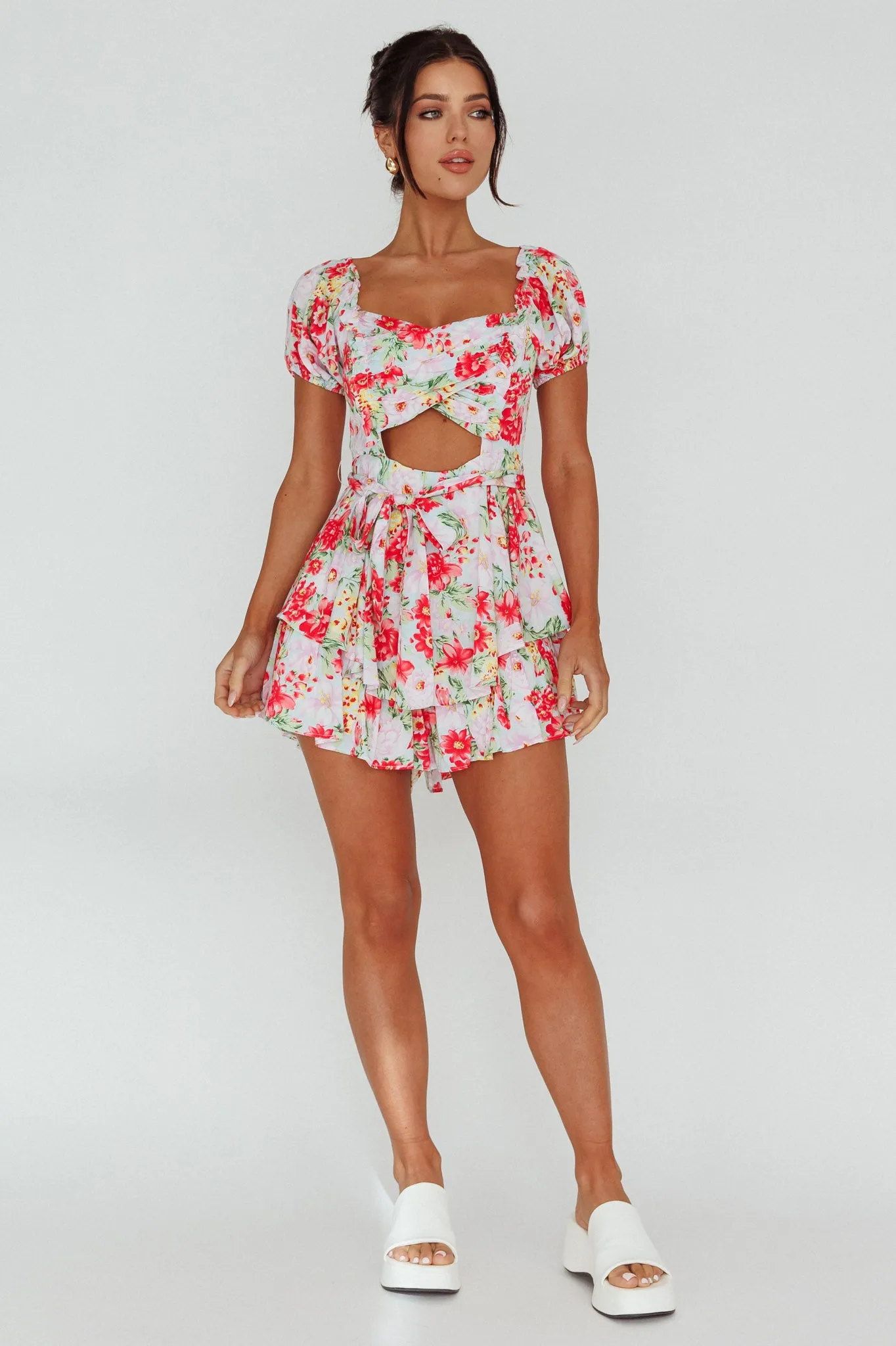 Whimsical Cut-out Bodice Romper Floral Pink