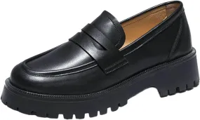 Womens Lug Sole Platform Mid Chunky Heel Loafers Classic Round Toe Slip On Office Uniform Oxfords Shoes