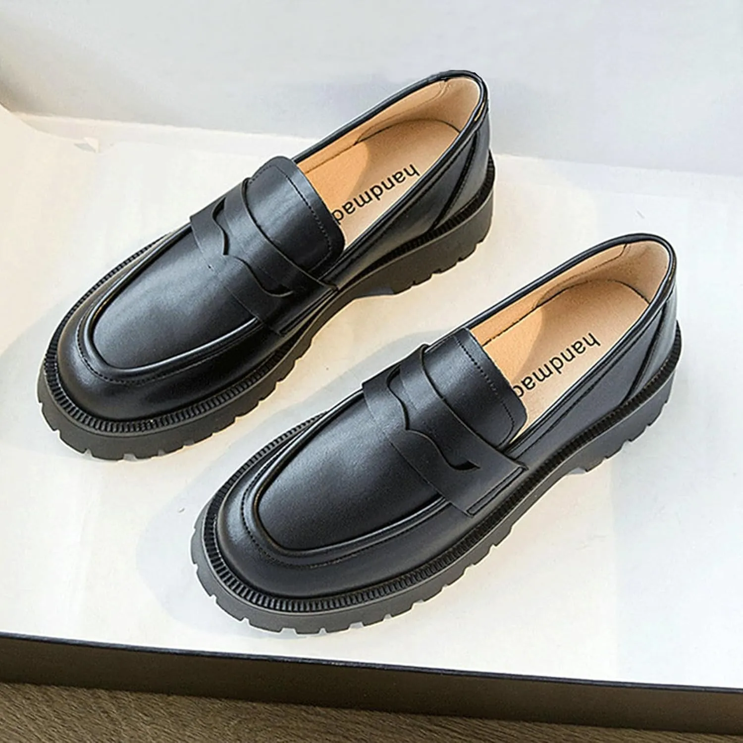 Womens Lug Sole Platform Mid Chunky Heel Loafers Classic Round Toe Slip On Office Uniform Oxfords Shoes