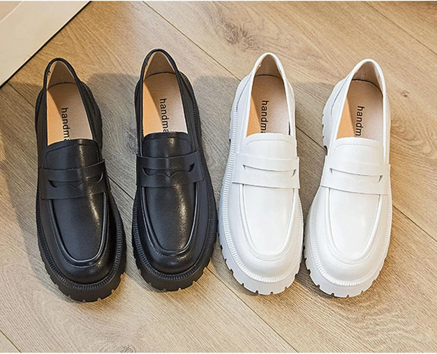 Womens Lug Sole Platform Mid Chunky Heel Loafers Classic Round Toe Slip On Office Uniform Oxfords Shoes