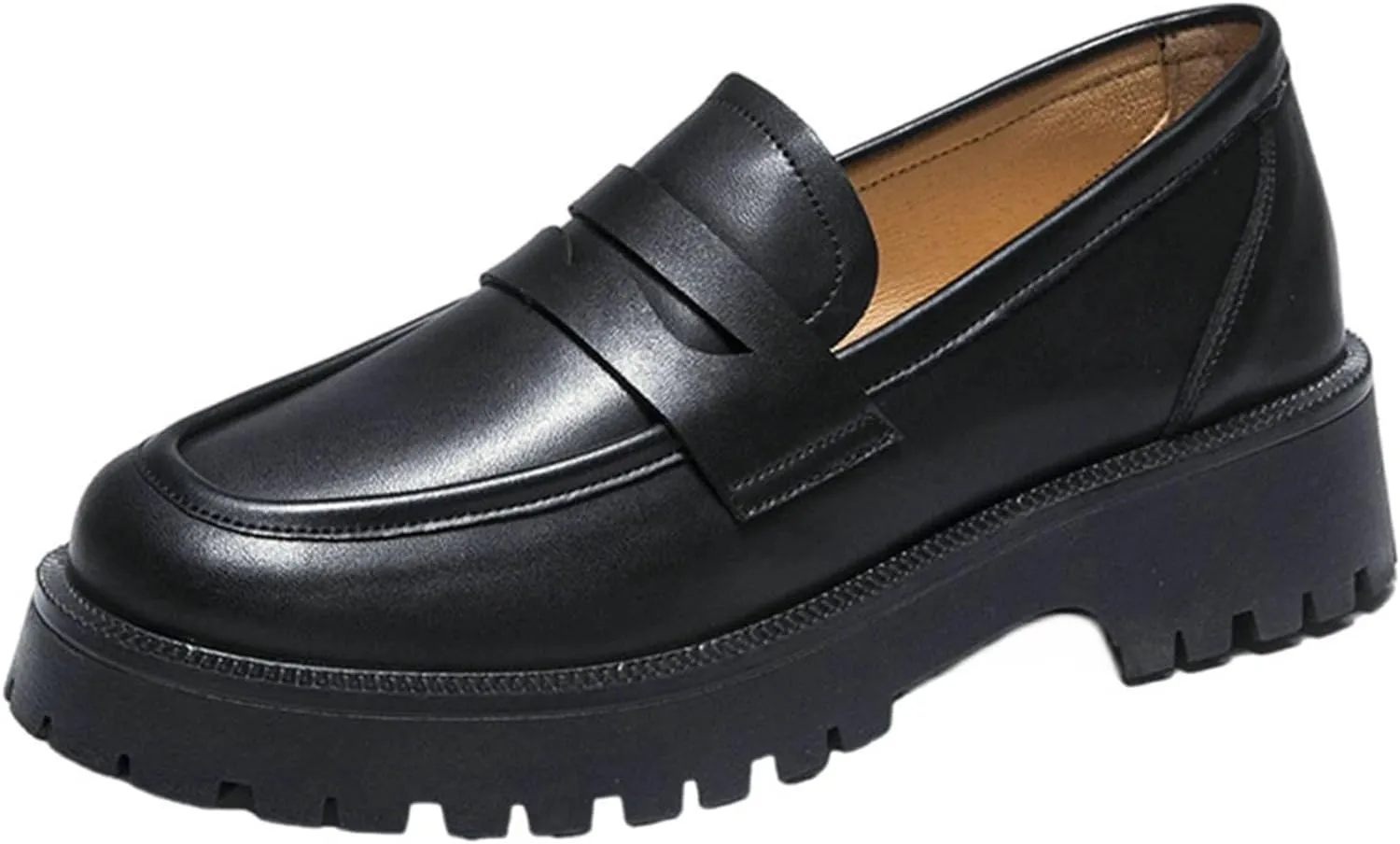 Womens Lug Sole Platform Mid Chunky Heel Loafers Classic Round Toe Slip On Office Uniform Oxfords Shoes