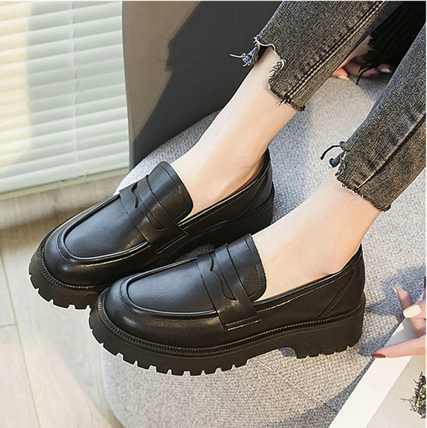 Womens Lug Sole Platform Mid Chunky Heel Loafers Classic Round Toe Slip On Office Uniform Oxfords Shoes
