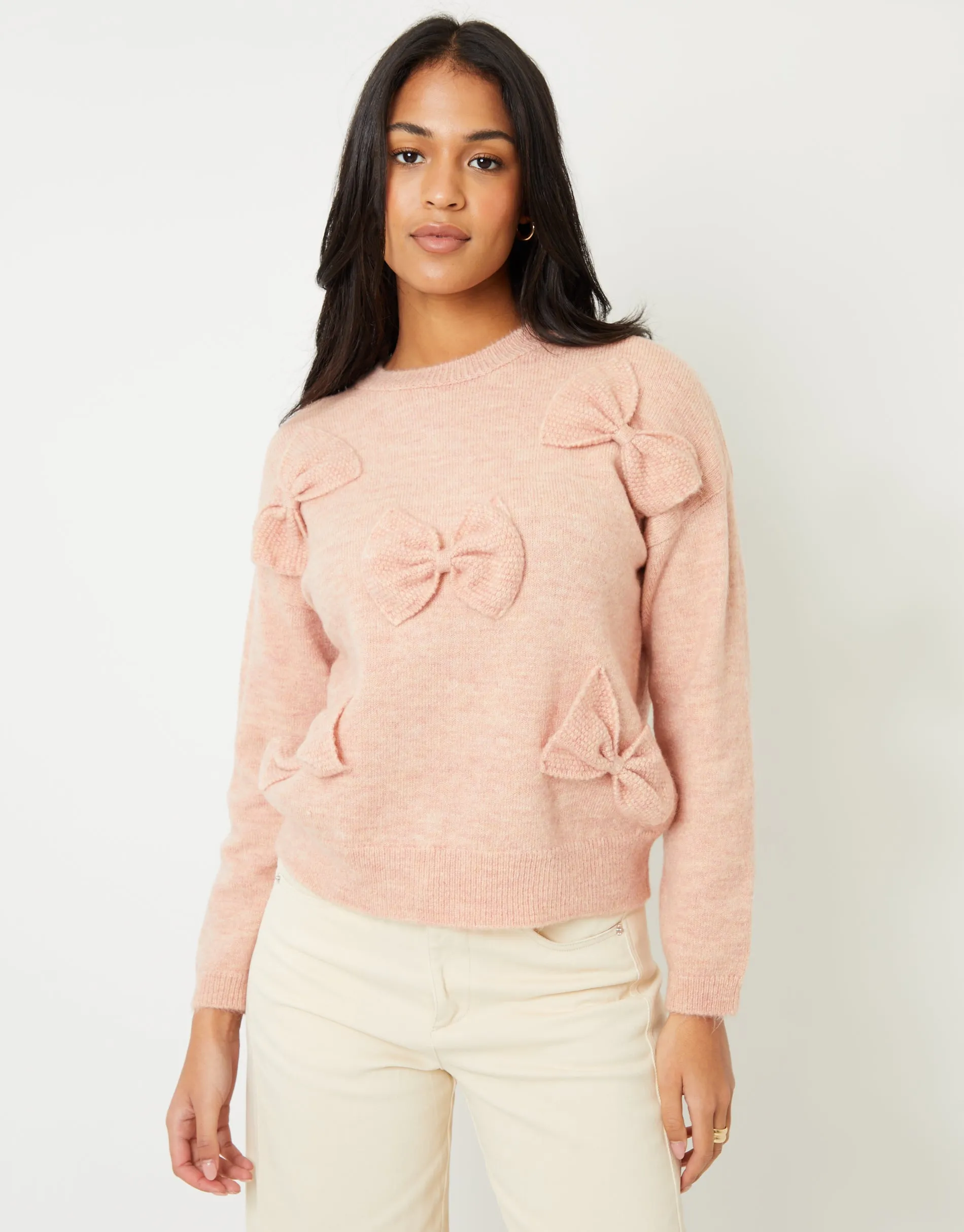 Women's Pink Bow Appliqué Knitted Jumper