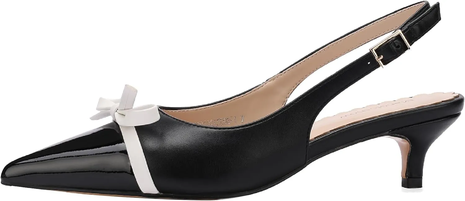 Women's Slingback Heels with Bow Cute Pumps with Pointy Toe Cap 2" Stiletto Kitten Heels for Designer Comfy Dress Shoes